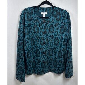 Lester Square Preppy Floral Knit Blazer Jacket Women’s Large Teal Button Front